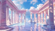 the interior of a building with columns and statues on either side, in front of a blue sky filled with clouds