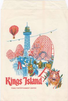 a paper bag with an image of a ferris wheel and the words kings island on it