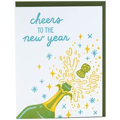 cheers to the new year greeting card with champagne bottle and stars on white back ground