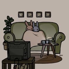 a cartoon character sitting on a couch with a coffee cup in front of him, watching tv