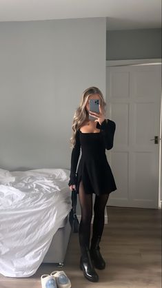 New Years All Black Outfit, Black Tights Black Dress, All Black Christmas Party Outfit, Lbd Outfit Winter, Cute Dinner Date Outfit Classy, Small Black Cardigan Outfit, Modest Black Dress Outfit, Doc Martens Going Out Outfit, Black Boots Outfit Dress