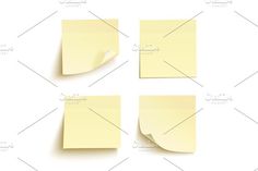 four pieces of yellow sticky paper with curled edges on a white background, top view