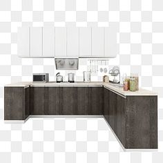 an image of a kitchen with white cabinets and gray counter tops, on a transparent background