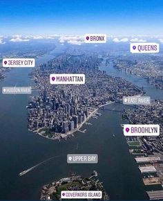 an aerial view of manhattan with the upper bay in purple and lower bay in pink