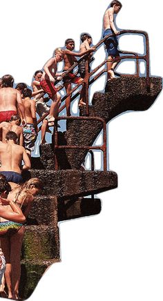 a group of people climbing up and down stairs