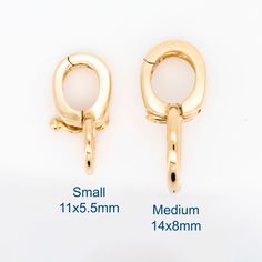 two pairs of gold plated earrings with measurements for each earring size and length