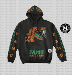 That's Fire Series HBUC Collection DESIGN: FAMU All Over Hoodie Design Vinyl. This Hood comes in a unisex Black Gildan style. An Excellent show STOPPER Guarantee to be the talk of the campus when wearing this Hoodie. Definitely an eye catcher and a great way to make a lasting impression. LET US KNOW IF YOU DON'T SEE WHAT YOUR LOOKING FOR? WE'LL DO OUR BEST TO MAKE IT HAPPEN! CARE INSTRUCTIONS: *Care Instructions: Wash inside out on a gentle cold cycle. Tumble dry on a low setting. Do not bleach. Black Varsity T-shirt For Fall, Black Fall T-shirt For College, Collegiate Winter T-shirt For Streetwear, Team Spirit Black Sweatshirt For Streetwear, Black Team Spirit Sweatshirt For Streetwear, Black Hoodie With Team Name For Streetwear, Black Varsity T-shirt With Screen Print, Black Sweatshirt For Game Day In Fall, Black Streetwear Hoodie With Team Name