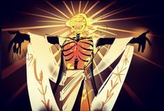 an animated image of a skeleton holding his arms out in front of the sun with outstretched hands