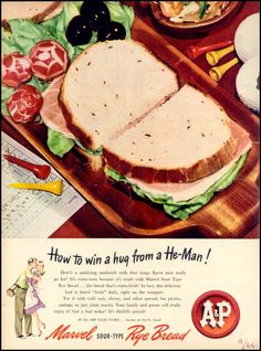 an advertisement for a sandwich with meat and lettuce on it, from the 1950's