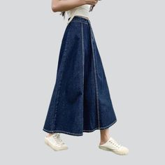 Stylish flared long denim skirt online—cool women's denim skirt from the 2023 Spring-Summer collection. Fashion trends allow individuals to express their originality and showcase their personalities. It can help boost self-confidence and self-esteem by enabling people to look and feel good about themselves. With fashion, you can experiment with new styles and gain the courage to take risks and try new things, leading to tremendous success in all aspects of life.The stonewashed pattern is a notab Denim Skirts Online, Flared Denim Skirt, Womens Denim Skirts, Jean Skirts, Denim Jacket Fashion, Long Denim Skirt, Fit And Flare Skirt, Jeans Jacket, Denim Trends