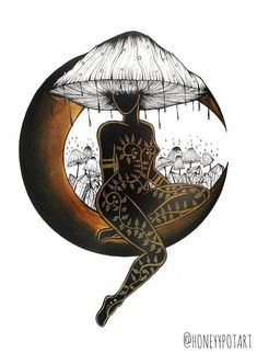 a drawing of a woman sitting on the moon with an umbrella over her head, and trees in the background