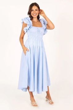 Linda Midi Dress - Blue Stripe - Petal & Pup USA Usa Dresses, Clothing Details, Stripe Skirt, Blue Midi Dress, Midi Length Dress, Event Dresses, Summer Season, A Line Skirt, Square Neckline