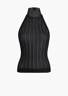 A slim-fitting knit halter top in an intricate pointelle construction. Buttons secure the stand collar. Refined binding and finely ribbed hem. Khaite Top, Halterneck Top, Halter Neck Top, Ribbed Top, Oliver Peoples, Fall Shopping, Denim Pant, Halter Top, Stand Collar