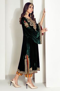 Aisha Imran. Green Opulence Green Long Sleeve Salwar Kameez With Embroidered Border, Velvet Kurta With Intricate Embroidery For Diwali, Traditional Velvet Long Sleeve Salwar Kameez, Velvet Long Sleeve Traditional Designer Wear, Green Velvet Traditional Wear With Traditional Drape, Green Velvet Anarkali Traditional Wear, Green Velvet Anarkali Dupatta, Green Velvet Anarkali Style Dupatta, Designer Velvet Traditional Wear With Long Sleeves