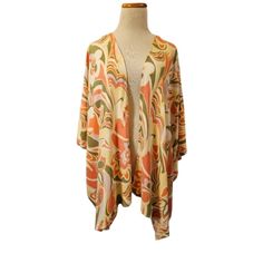 Open Front Kimono Cardigan One Size Retro Print Lightweight Multicolor Kimono - Topper - Cover-Up Open Draped Front Beautiful Yellow, Coral, Lavender, And Green Tones Perfect For Spring And Summer Layering Over A Tank Or Cropped Top. Very Lighweight So It Doesn't Take Up Much Space In A Suitcase When Traveling. Take It On A Cruise Ship Or To The Beach. Spring Multicolor Loungewear Cardigan, Spring Multicolor Cardigan For Loungewear, Yellow Retro Cardigan For Spring, Retro Yellow Cardigan For Spring, Orange Open Front Cardigan For Spring, Yellow Cardigan For Beach During Spring, Yellow Cardigan For Spring Beach Occasion, Spring Yellow Beach Cardigan, Vintage Beach Cardigan For Spring