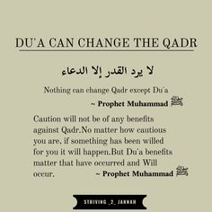 an arabic text that reads, dua can change the qadr nothing can change qatar except