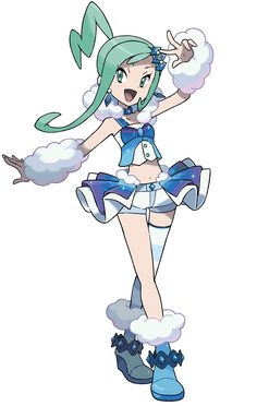 an anime character with green hair and blue shoes, standing on top of white clouds