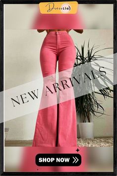 High Waist Plain Hole Elastic Pants Summer High Rise Stretch Wide Leg Pants, Trendy High-waisted Pants For Spring, Casual Flared Wide Leg Pants For Spring, Solid High Rise Pants For Spring, High Rise Solid Pants For Spring, Spring High Rise Solid Pants, Casual Flare Bottoms For Spring, Trendy Non-stretch Pants For Spring, Summer Flare Bottoms With Pockets