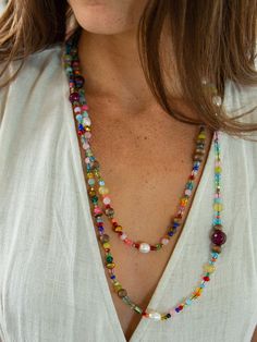 Our Boho Beaded Collection is our most beautiful yet! Each hand made piece features so many vibrant glass beads. They look so great worn alone, wrapped or layered with other necklaces. You'll want to wear them with everything! Multi Colored Beaded Necklace, Beaded Necklace Seed Beads, Spiritual Multi-strand Beaded Necklaces For Beach, Beach Long Multicolor Necklace With Large Beads, Beach-style Multicolor Long Necklace With Large Beads, Beach Long Necklace With Large Multicolor Beads, Multicolor Long Beaded Necklace For Summer, Spiritual Double Strand Beaded Necklaces For Layering, Bohemian Glass Necklaces With Large Beads