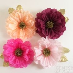 four different colored flowers on a white surface