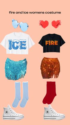 an assortment of clothes and accessories on a pink background with the words fire and ice women's costume