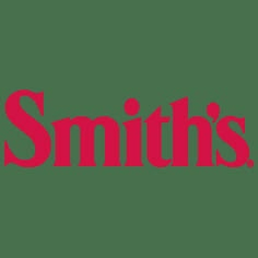 the logo for smith's is shown in red and black on a white background