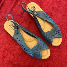 Super Cute Spring Step Orella Robins Egg Blue Cut Out Leather Peep Toe Sling Back Wedge Sandal Size 10m 42 Lazer Cut Out Leather Upper/Adjustable Back Buckle Strap/Cork Look Wedge Made In Italy Very Cushy And Comfortable! My Feet Are Just A Little Too Big For Them So Never Worn. My Environment Is Smoke Free. Casual Blue Slingback Sandals With Open Heel, Casual Blue Open Heel Slingback Sandals, Blue Wedge Heel Sandals With Arch Support, Comfortable Blue Wedge Heel Sandals, Blue Sandals With Arch Support For Spring, Blue Wedge Sandals With Arch Support For Summer, Closed Toe Blue Sandals With Arch Support, Blue Slingback Sandals With Removable Insole And Open Toe, Blue Cushioned Ankle Strap Wedge Sandals