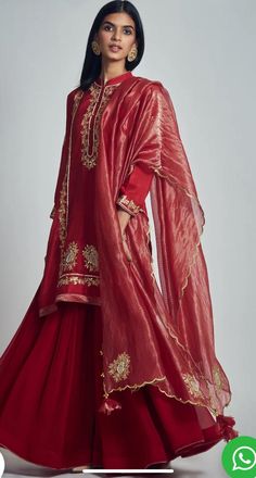 Red Kurta, A Line Kurta, Indian Dress, Sharara Set, Amritsar, Embroidered Neckline, Kurta With Pants, Boutique Fashion, Silk Organza