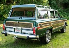 an old green station wagon parked in the grass