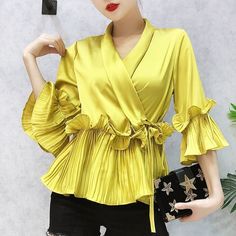 V-Neck Pleated Ruffled Lace Chiffon Shirt - Uniqistic.com Pleated V-neck Blouse For Spring, Spring Pleated V-neck Blouse, Elegant Pleated Summer Blouse, Elegant Summer Pleated Blouse, Feminine Yellow V-neck Blouse, Chic Pleated V-neck Top, Spring Pleated V-neck Tops, Elegant Yellow V-neck Top, Summer Workwear Peplum Blouse