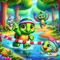 the turtle is playing with his friends in the water