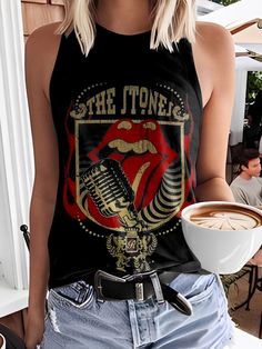 Retro Poster Print Sleeveless Tank Top – Wonder closets Sport Dress, Sleeveless Tshirt, Dark Fashion, White Tank Top, Casual Party, The Clothes, Sleeveless Tank Top, Retro Poster, Sleeveless Tank