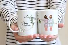 two women holding coffee mugs in their hands with the words cathline and made by me printed on them