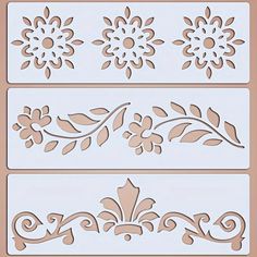 three different types of stencils with flowers and leaves on the sides, one is pink