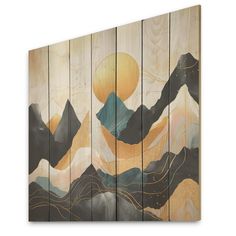 an abstract painting on wood with mountains and sun in the sky, against a white background