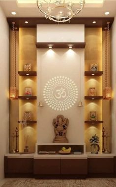 a living room with shelves and lights on the wall, buddha statue in front of it