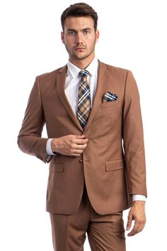 Men's Basic 2 Button Slim Fit Wedding Suit in Cognac Classic Brown Three-piece Suit For Business, Classic Brown Suit, Brown Three-piece Suit For Fall Formal Occasions, Brown Tailored Three-piece Suit For Business Casual, Tailored Brown Three-piece Suit For Business Casual, Formal Brown Suit, Brown Notch Lapel Suit For Business, Brown Business Suits In Suiting Fabric, Brown Three-piece Suit For Formal Occasions