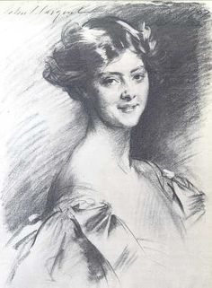 a drawing of a woman in a dress with her hair pulled back and eyes closed