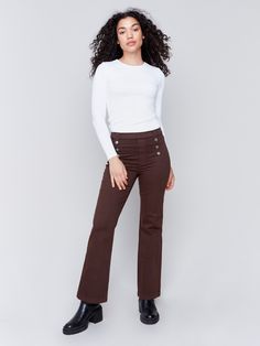 Mocha brown pull-on flare twill pants with front buttons and a flare leg design by Charlie B. Vest Blazer, Fall Plaid, Twill Pants, Leg Design, Black Friday Shopping, Fall Shopping, Slim Leg, Twill Fabric, New Tops