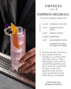 the menu for an empress highball cocktail is shown in front of a man's hand