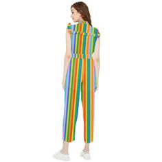 • Rainbow Jumpsuit: 70s style jumpsuit with a vibrant retro rainbow stripe pattern.Chiffon Rainbow Print Jumpsuit: Made from 100% polyester chiffon, providing a lightweight and breezy feel.• Vintage Style Stripe Jumpsuit: Features a matching stripe ruffle collar neckline with ruffle detailing across the chest and arms.• Ruffle Rainbow Pants overall Women: Includes a matching belt to tie at the waistline, enhancing the fit.•Calf Length Pants: Perfect for rainbow lovers, ideal for spring or summer. A unique and one-of-a-kind jumpsuit!• Vintage Style Pants Overall: Includes a belt to tie at the waistline and calf-length pants for a stylish and flattering fit.Designed in California by Trendy Hip Buys. Handmade to order from overseasMade from 100% PolyesterSoft and lightweight chiffon fabricWei Retro Multicolor Jumpsuits And Rompers For Spring, Retro Summer Overalls Jumpsuits And Rompers, Retro Multicolor Jumpsuits And Rompers For Summer, Playful Multicolor Jumpsuits And Rompers For Spring, Spring Playful Multicolor Jumpsuits And Rompers, Multicolor Overall Jumpsuits And Rompers For Spring, Multicolor Overall Jumpsuit For Spring, Multicolor Spring Overalls Jumpsuits And Rompers, Multicolor Retro Sleeveless Jumpsuits And Rompers