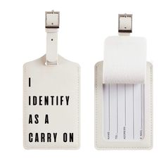 I Identify As A Carry On Luggage/SuitcaseTag * Made from vegan leather * Inside card measures: 3.5x2.25 in This off white adjustable luggage tag with stainless steel buckle is easy-to-use and keeps your information securely attached to your luggage, carry-on, backpack, or duffle bag. Suitcase Tag, Suitcase Tags, Barware Accessories, Stocking Stuffers For Women, Leather Luggage Tag, Leather Suitcase