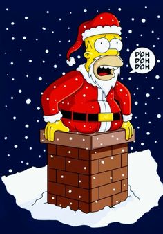 the simpsons dressed as santa claus is sitting on top of a chimney in the snow