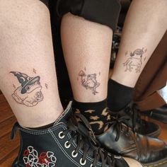 Frog tattoo art wizard leaf mushroom friendship Frog With Witch Hat Tattoo, Matching Tattoos Frogs, Silly Patchwork Tattoos, Frog And Snail Tattoo, Frog With Mushroom Tattoo, Whimsical Frog Tattoo, Frog Couple Tattoo, Dog Illustration Tattoo, Witchy Frog Tattoo