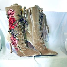 Women Fashion Boots Suede Size 9 New Never Worn Lace-up Heeled Boots For Spring, Spring Party Suede Boots, Spring Ankle-high Lace-up Boots, Fitted Ankle-high Lace-up Boots For Spring, Spring Medium Width Lace-up Heeled Boots, Trendy Pointed Toe Mid-calf Boots For Spring, Spring Lace-up High Heel Boots, Medium Width, Spring Trendy Pointed Toe Mid-calf Boots, Spring Lace-up Heeled Boots Medium Width