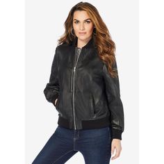 Our classic leather bomber, updated in a new, softer leather. The key jacket every closet needs, this sporty shape will step up any outfit. Fully lined, with rib knit collar, rib sleeves and bottom hem, zip front closure, and side pockets. Black Leather Jacket With Ribbed Collar, Classic Leather Jacket For Work With Ribbed Collar, Black Leather Jacket With Ribbed Collar For Winter, Sporty Fitted Leather Outerwear, Fall Leather Jacket With Ribbed Cuffs, Casual Leather Varsity Jacket With Ribbed Cuffs, Sporty Leather Jacket With Ribbed Cuffs For Fall, Fall Leather Jacket With Ribbed Collar, Classic Fall Biker Jacket With Ribbed Cuffs