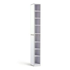 a tall white bookcase with three shelves on one side and two doors on the other