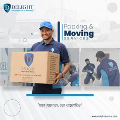 a man holding a cardboard box with the words delight moving services on it