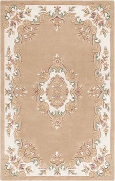 a beige rug with an ornate design on the top and bottom, in various colors