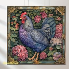 a painting of a blue rooster surrounded by flowers